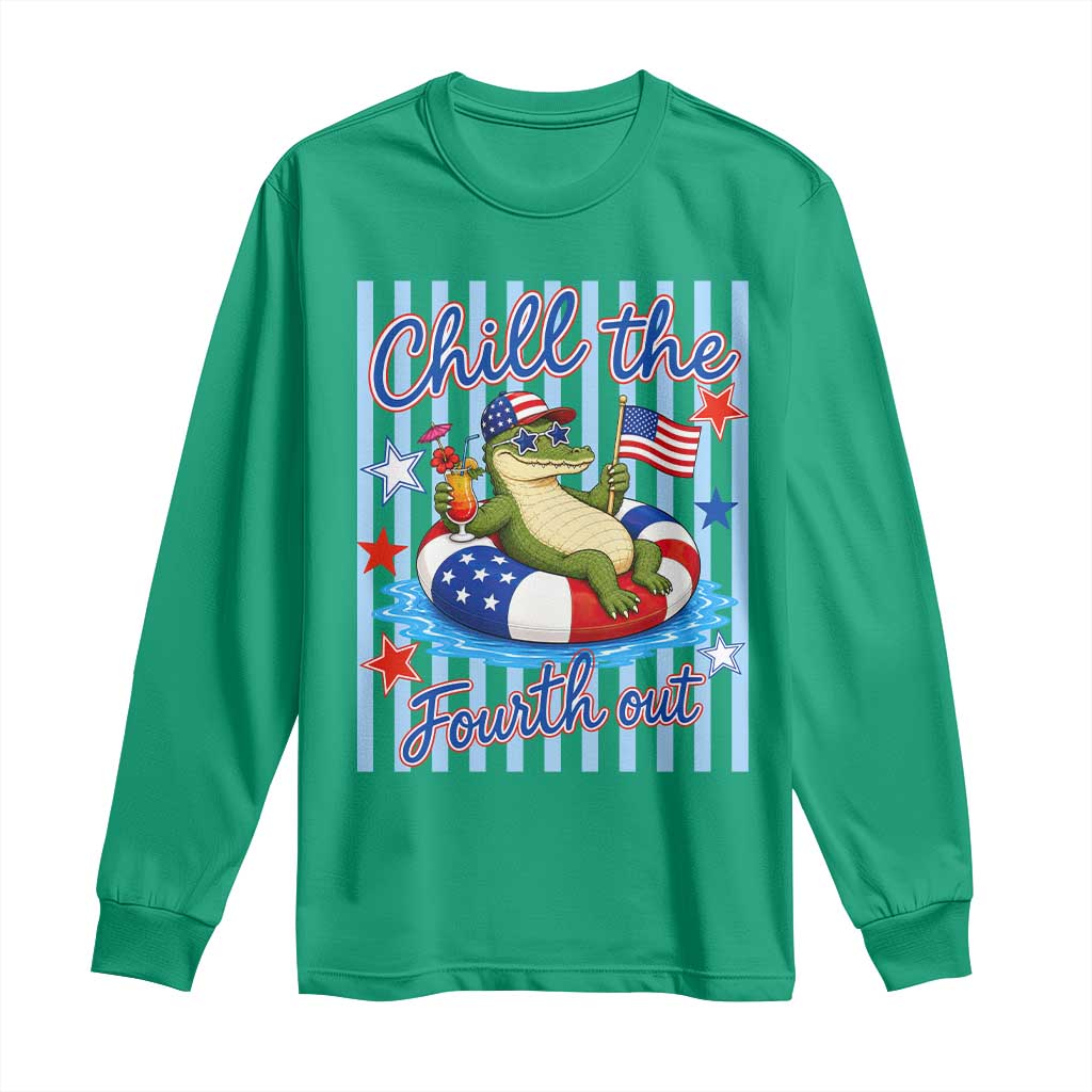 Funny Patriotic Alligator Long Sleeve Shirt Chill The Fourth Out