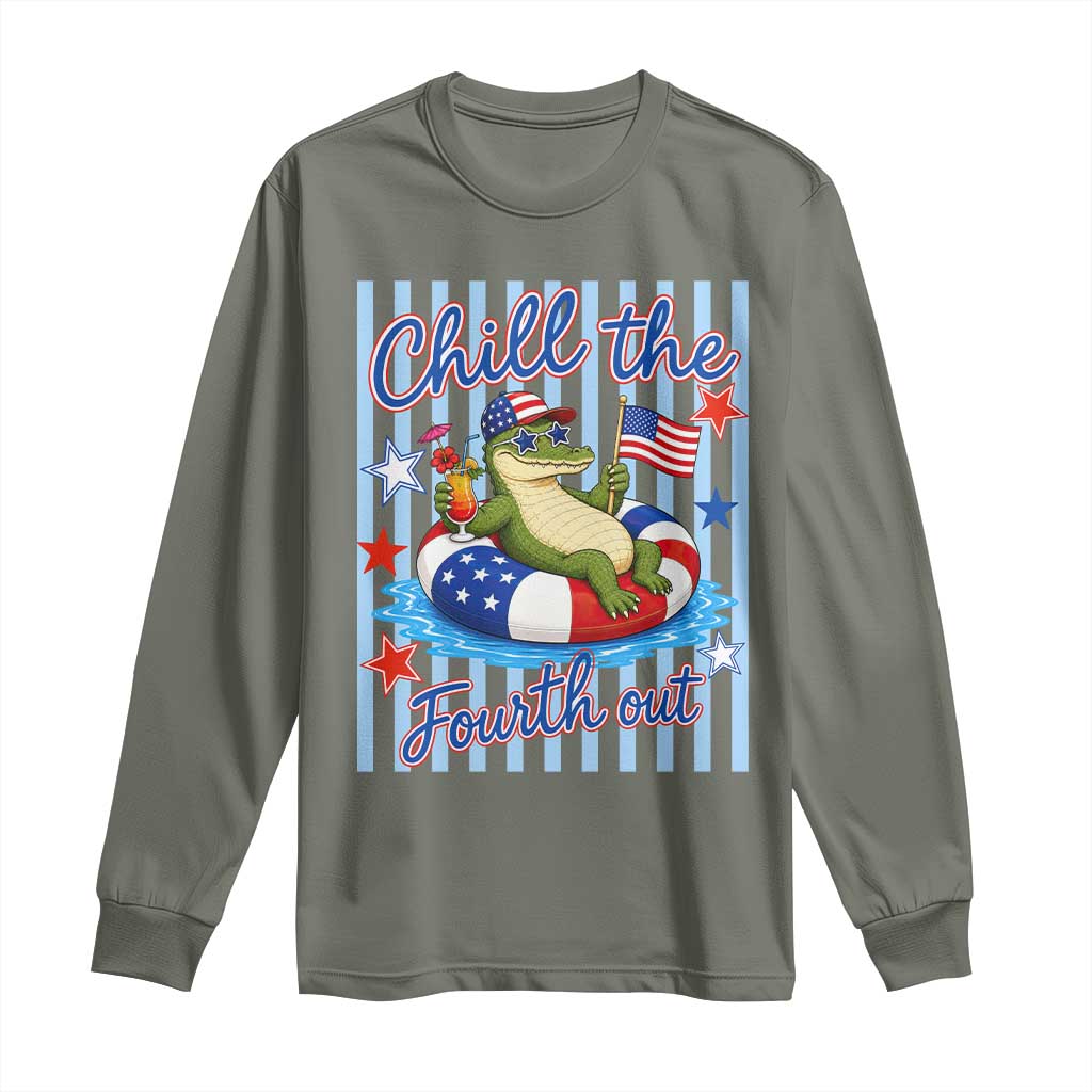 Funny Patriotic Alligator Long Sleeve Shirt Chill The Fourth Out