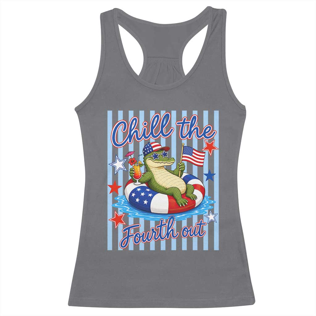 Funny Patriotic Alligator Racerback Tank Top Chill The Fourth Out