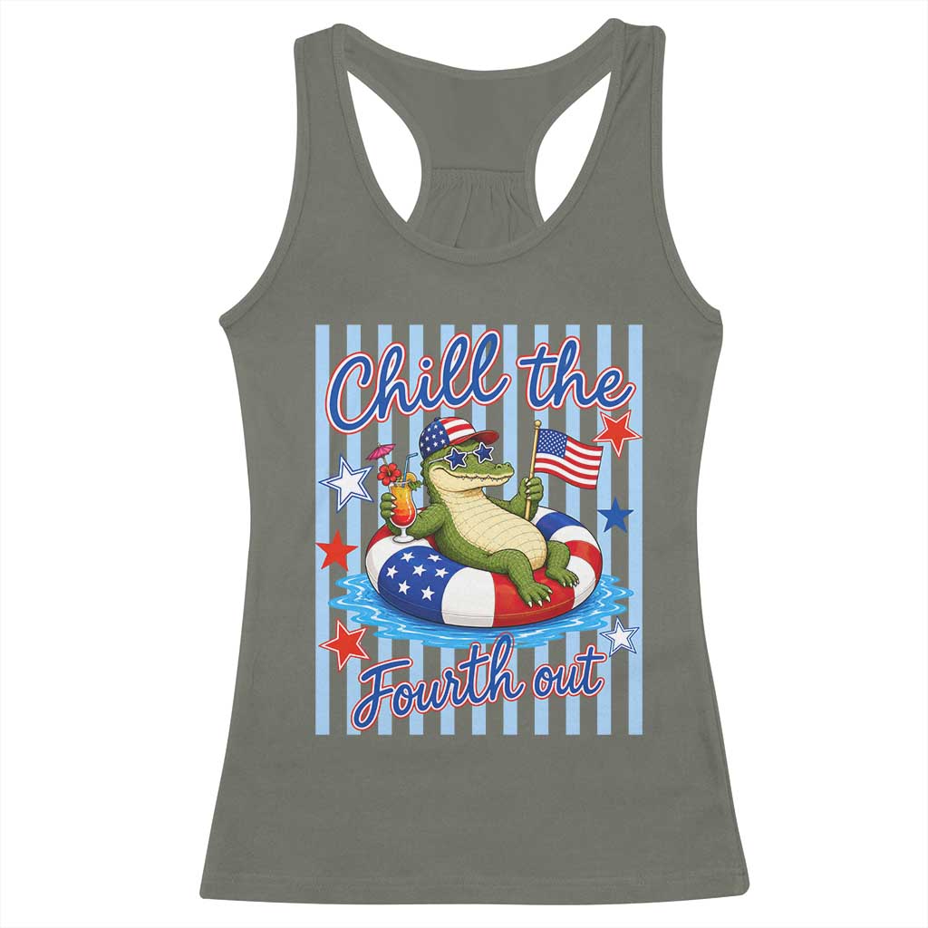 Funny Patriotic Alligator Racerback Tank Top Chill The Fourth Out