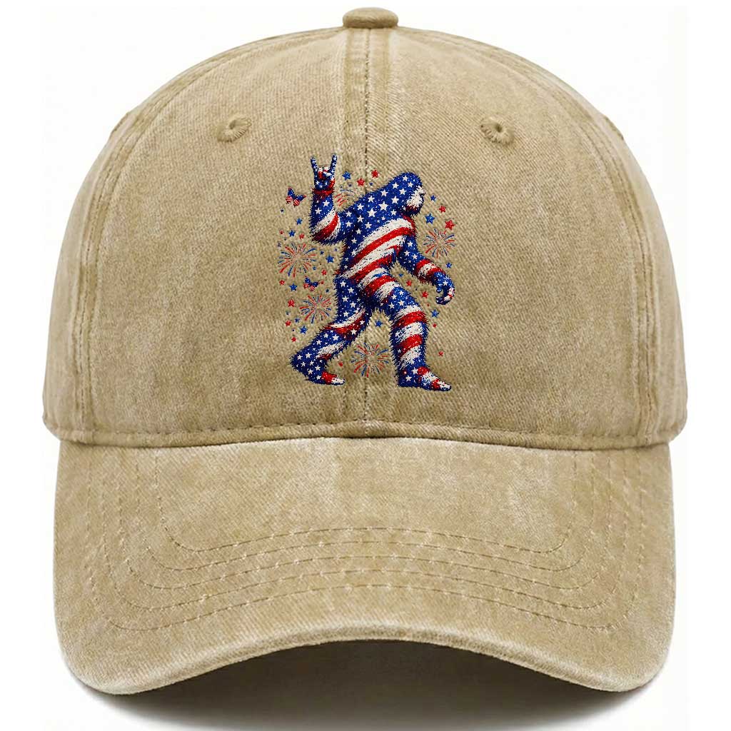 Funny Patriotic Bigfoot Washed Cotton Baseball Cap 4th Of July Freedom