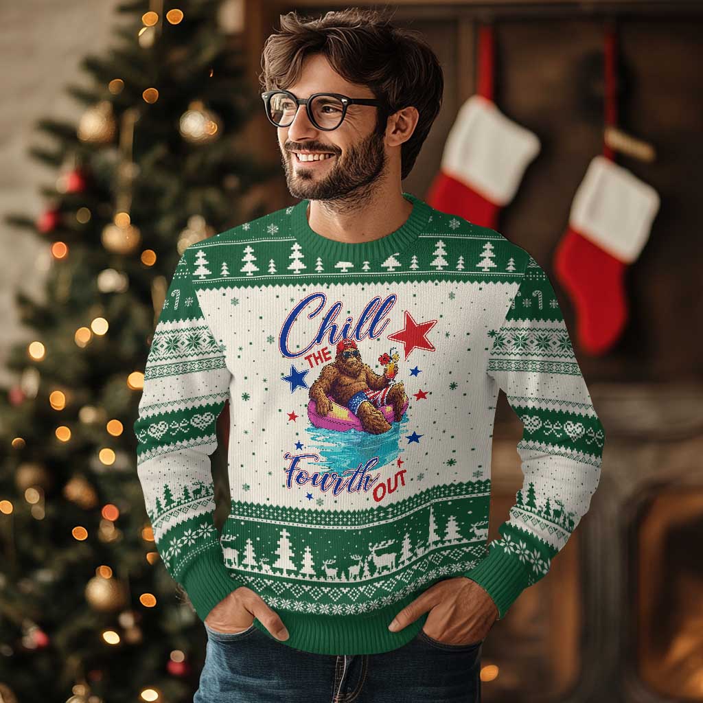 Funny Bigfoot 4th Of July Ugly Christmas Sweater Chill The Fourth Out