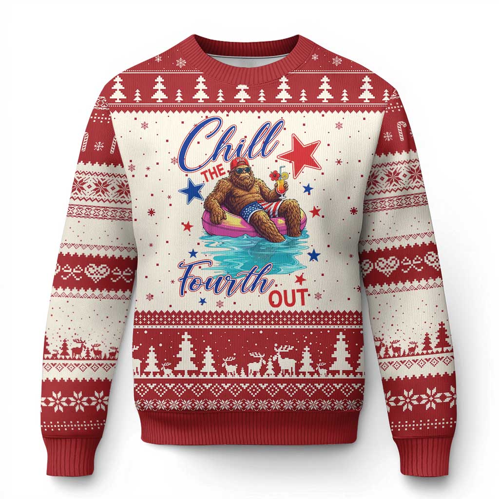 Funny Bigfoot 4th Of July Ugly Christmas Sweater Chill The Fourth Out