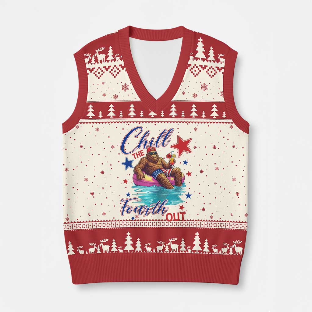Funny Bigfoot 4th Of July V-Neck Knit Sweater Vest Chill The Fourth Out