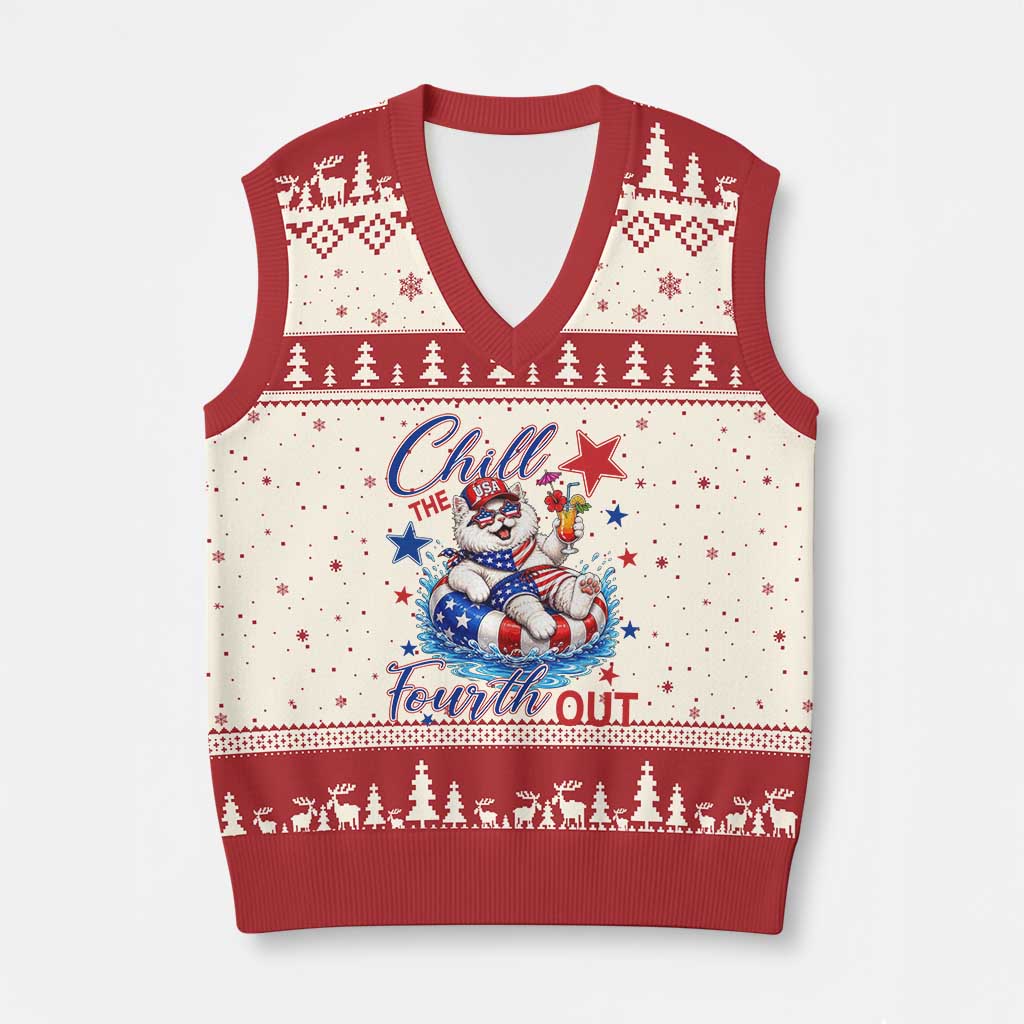 Funny Patriotic Persian Cat V-Neck Knit Sweater Vest Chill The Fourth Out