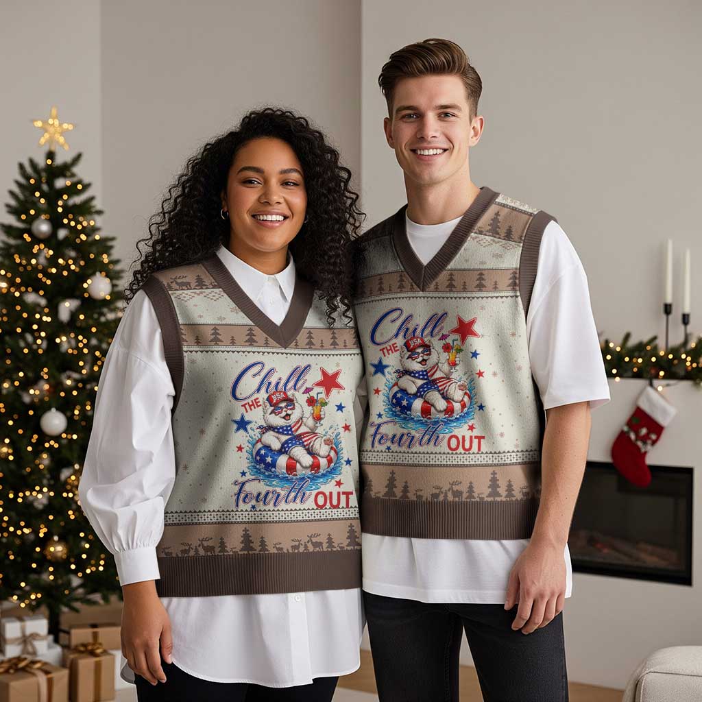 Funny Patriotic Persian Cat V-Neck Knit Sweater Vest Chill The Fourth Out