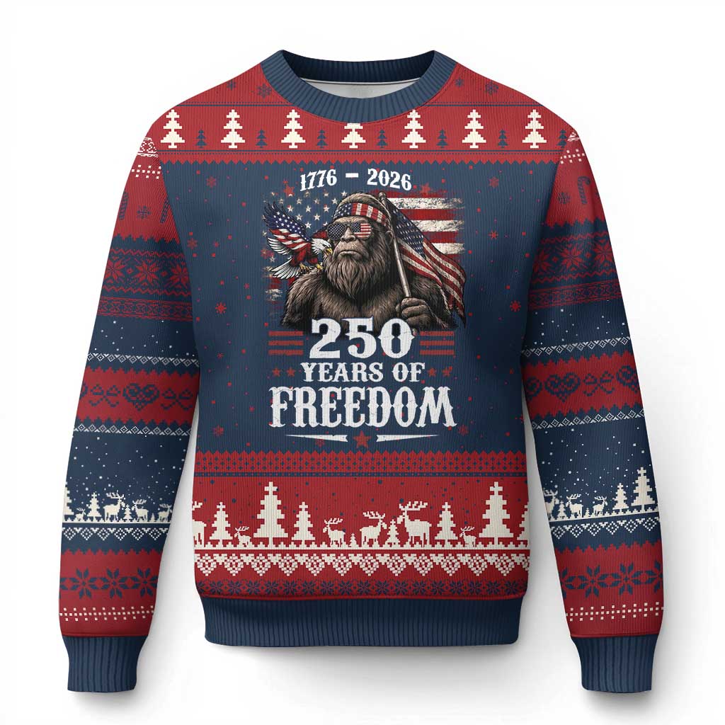 Bigfoot 250 Years Of Freedom Ugly Christmas Sweater Patriotic Sasquatch Lover