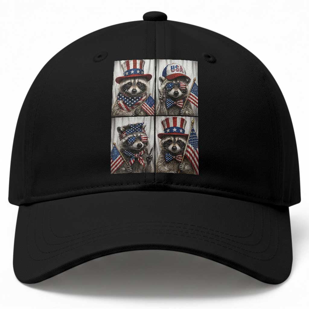 Funny Patriotic Raccoon Selfie Baseball Cap USA Flag Red White And Blue Graphic