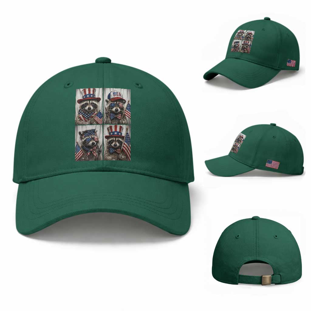 Funny Patriotic Raccoon Selfie Baseball Cap USA Flag Red White And Blue Graphic
