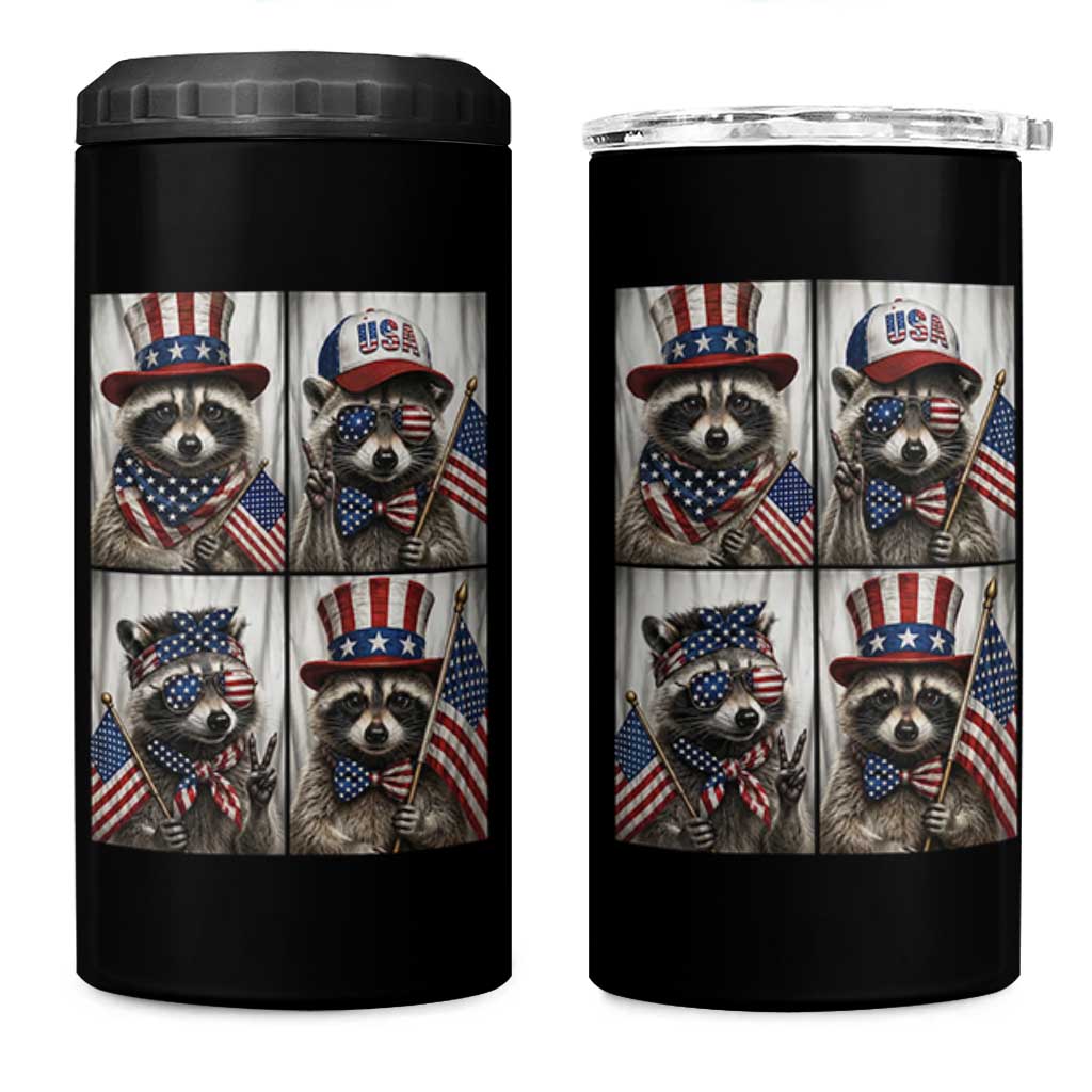 Funny Patriotic Raccoon Selfie 4 in 1 Can Cooler Tumbler USA Flag Red White And Blue Graphic