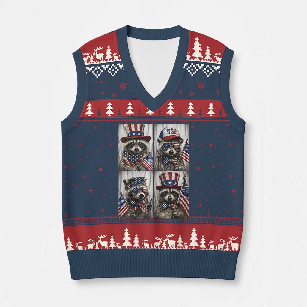 Funny Patriotic Raccoon Selfie V-Neck Knit Sweater Vest USA Flag Red White And Blue Graphic