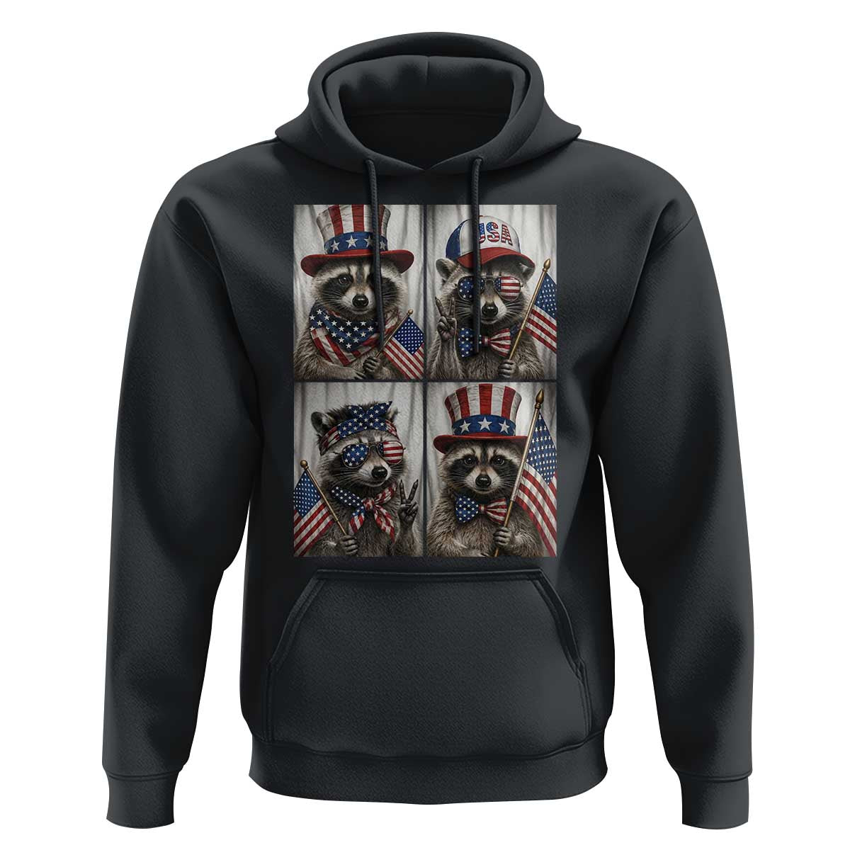 Funny Patriotic Raccoon Selfie Hoodie USA Flag Red White And Blue Graphic