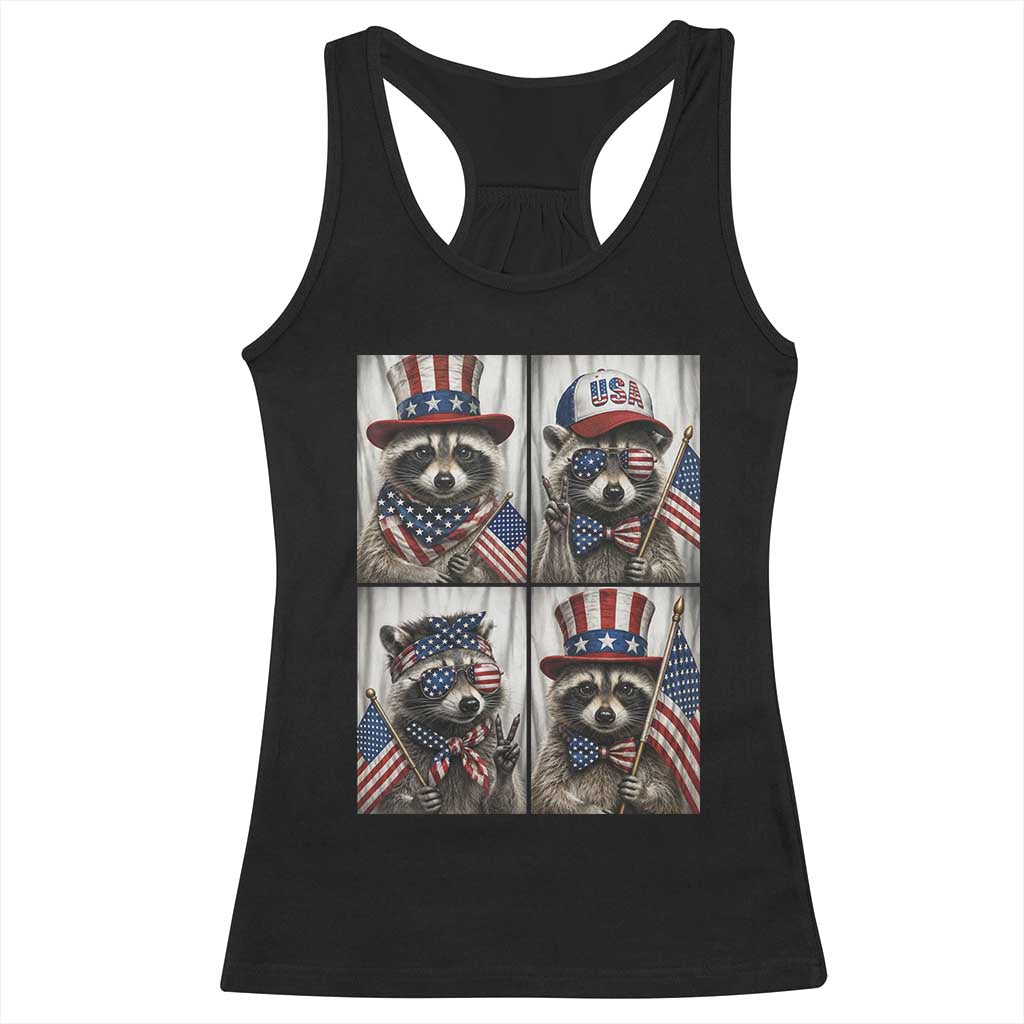 Funny Patriotic Raccoon Selfie Racerback Tank Top USA Flag Red White And Blue Graphic