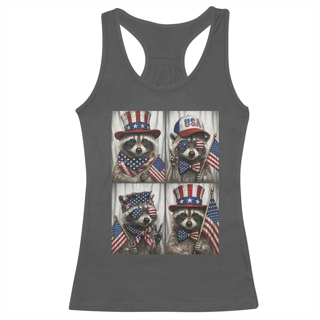 Funny Patriotic Raccoon Selfie Racerback Tank Top USA Flag Red White And Blue Graphic