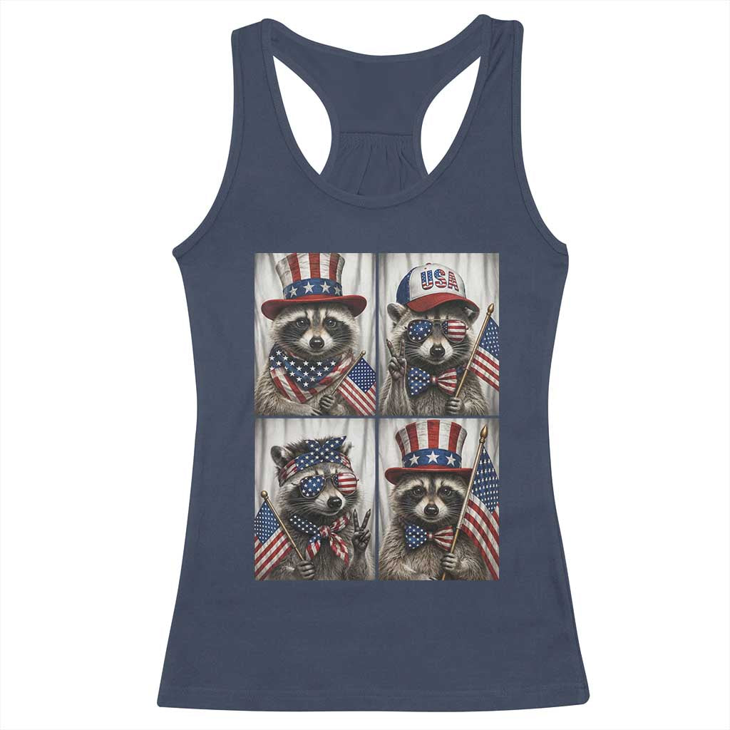 Funny Patriotic Raccoon Selfie Racerback Tank Top USA Flag Red White And Blue Graphic