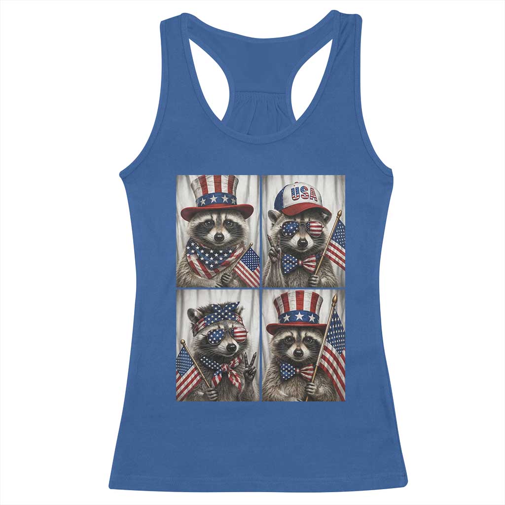 Funny Patriotic Raccoon Selfie Racerback Tank Top USA Flag Red White And Blue Graphic
