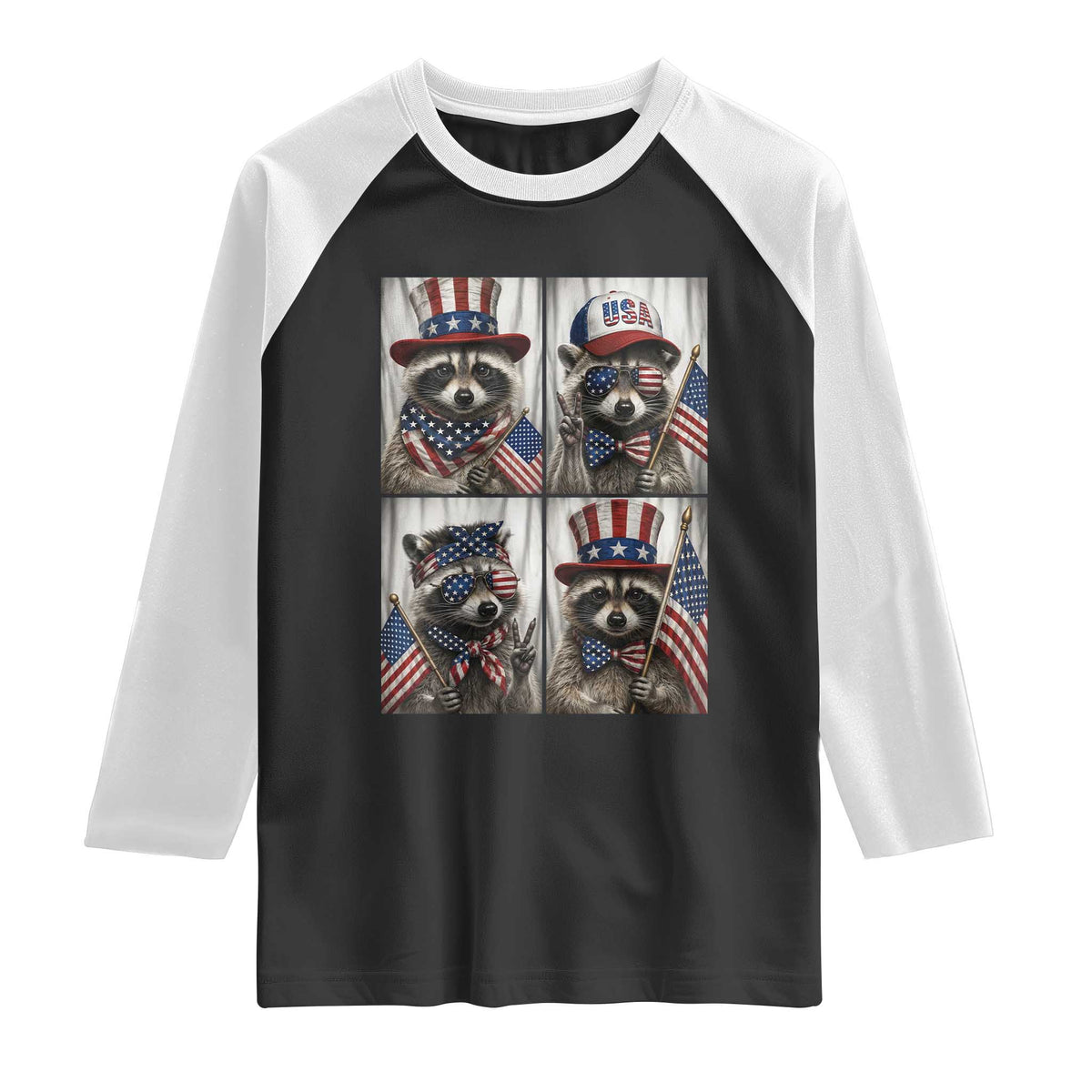 Funny Patriotic Raccoon Selfie Raglan Shirt USA Flag Red White And Blue Graphic