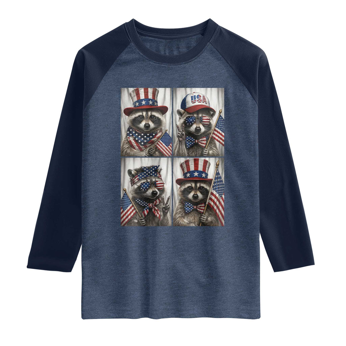 Funny Patriotic Raccoon Selfie Raglan Shirt USA Flag Red White And Blue Graphic