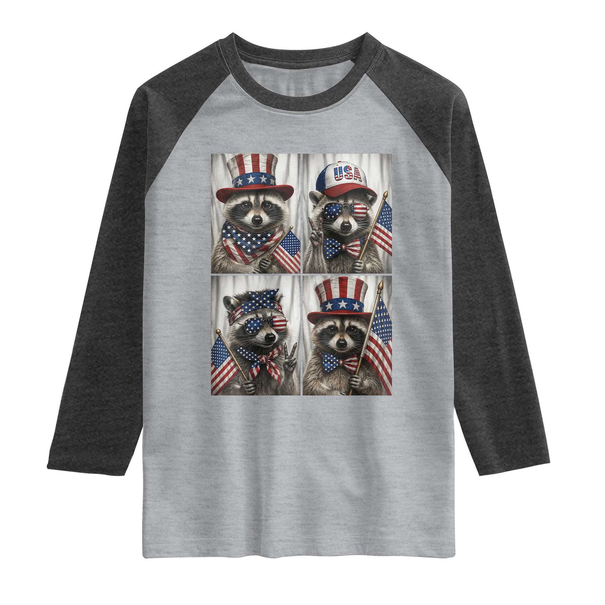 Funny Patriotic Raccoon Selfie Raglan Shirt USA Flag Red White And Blue Graphic