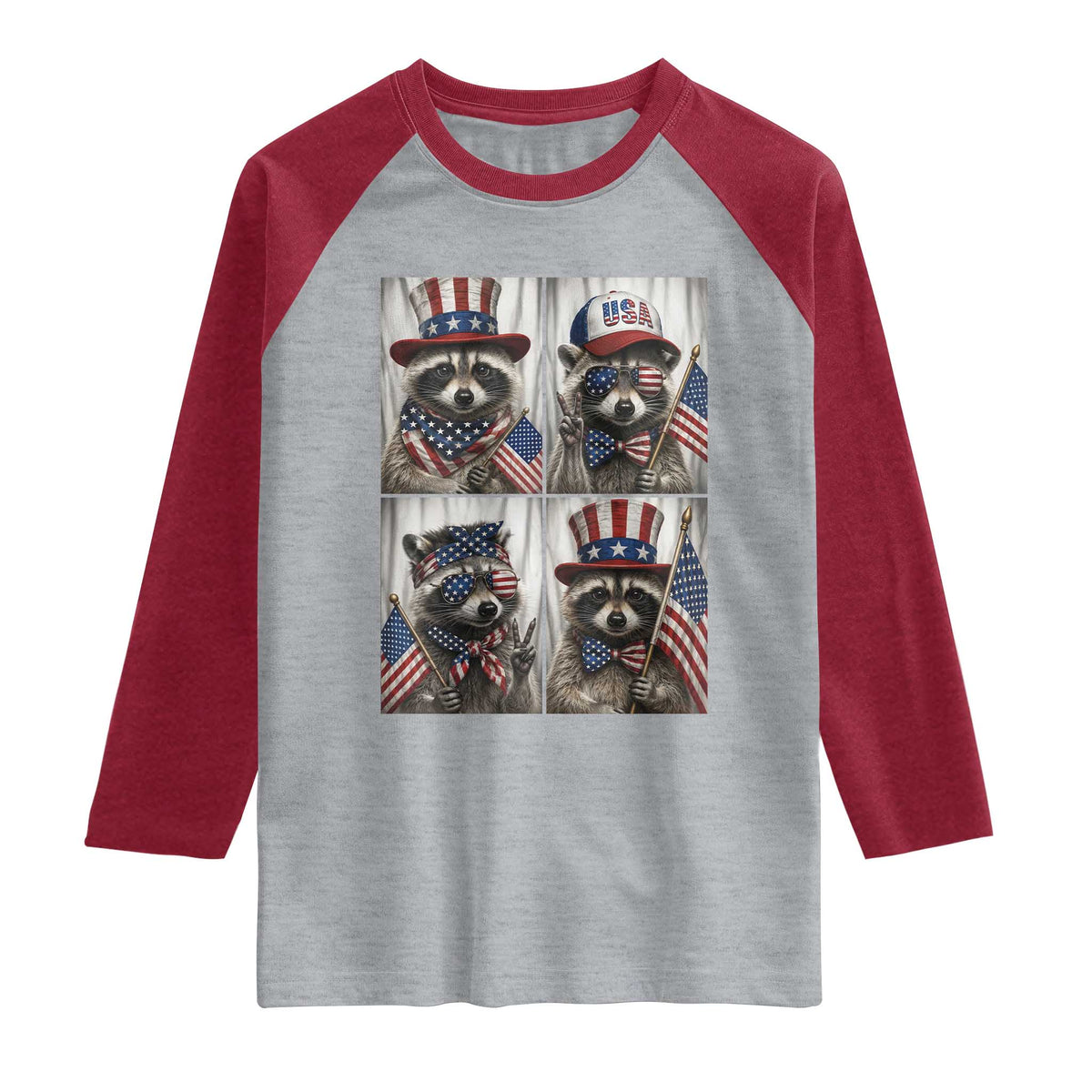 Funny Patriotic Raccoon Selfie Raglan Shirt USA Flag Red White And Blue Graphic