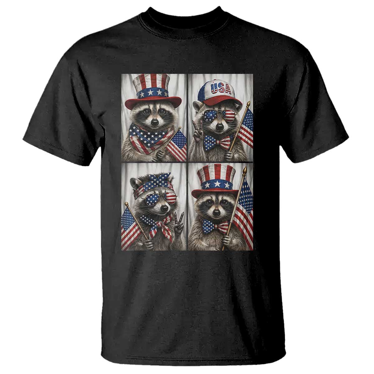Funny Patriotic Raccoon Selfie T Shirt USA Flag Red White And Blue Graphic