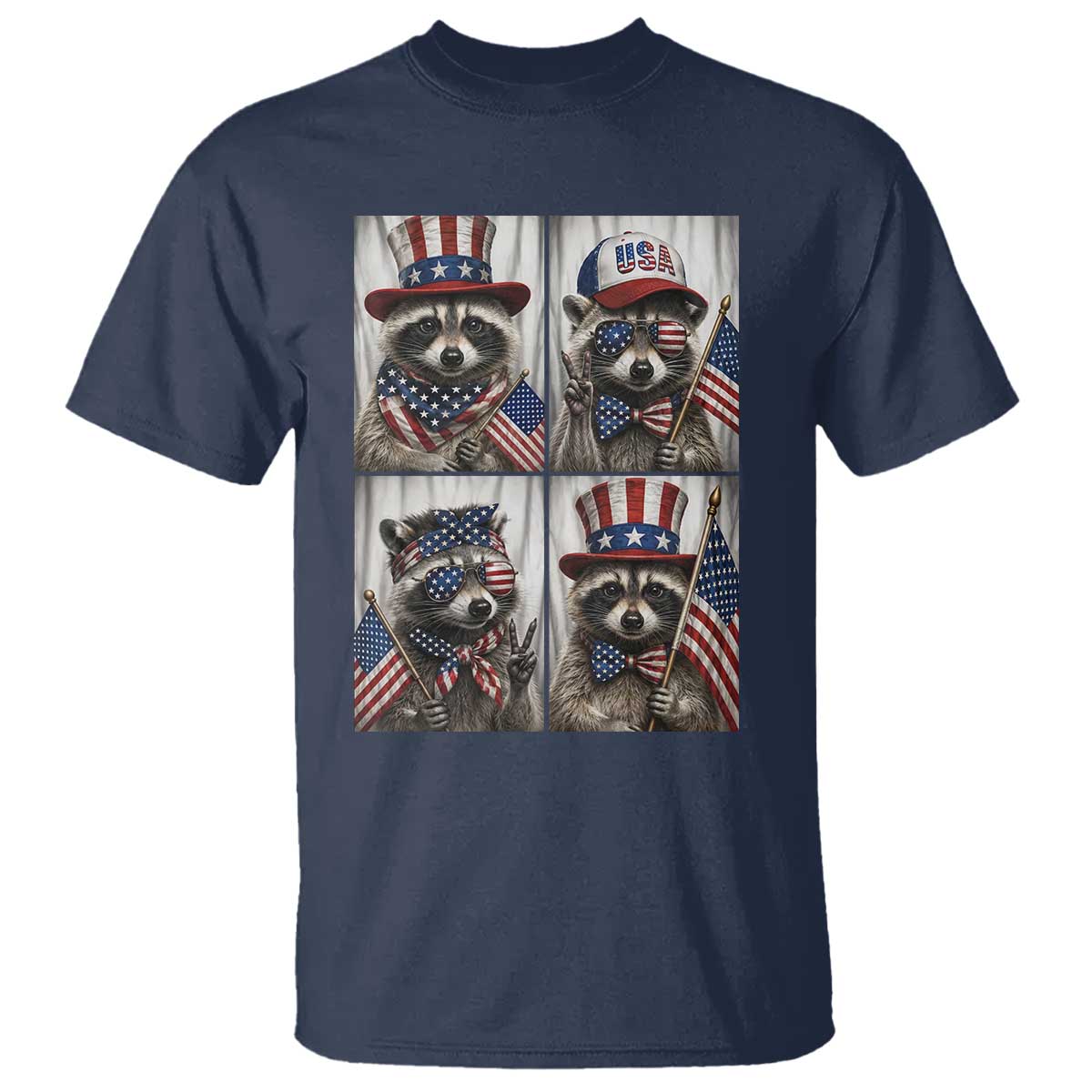 Funny Patriotic Raccoon Selfie T Shirt USA Flag Red White And Blue Graphic