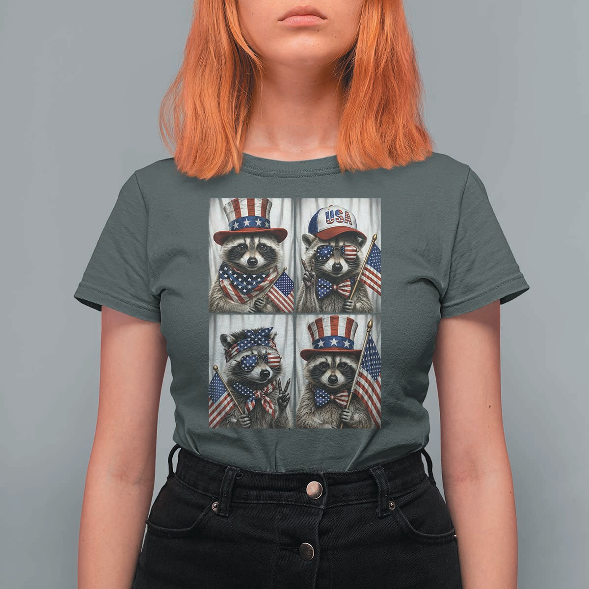 Funny Patriotic Raccoon Selfie T Shirt For Women USA Flag Red White And Blue Graphic