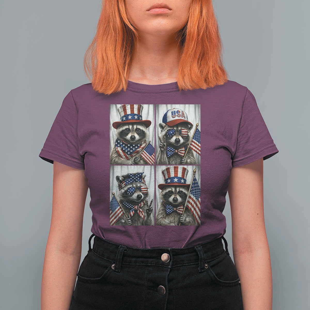 Funny Patriotic Raccoon Selfie T Shirt For Women USA Flag Red White And Blue Graphic