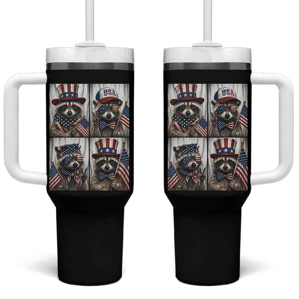 Funny Patriotic Raccoon Selfie Tumbler With Handle USA Flag Red White And Blue Graphic