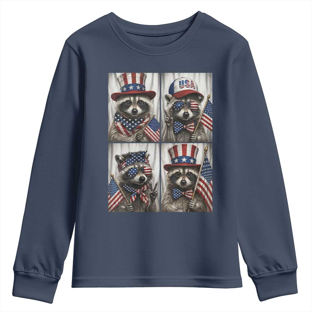 Funny Patriotic Raccoon Selfie Youth Sweatshirt USA Flag Red White And Blue Graphic