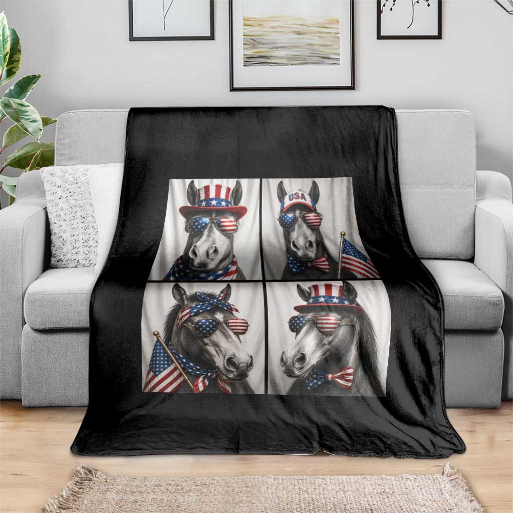 Patriotic Horse Selfie Squad Throw Blanket USA Flag Red White And Blue Graphic