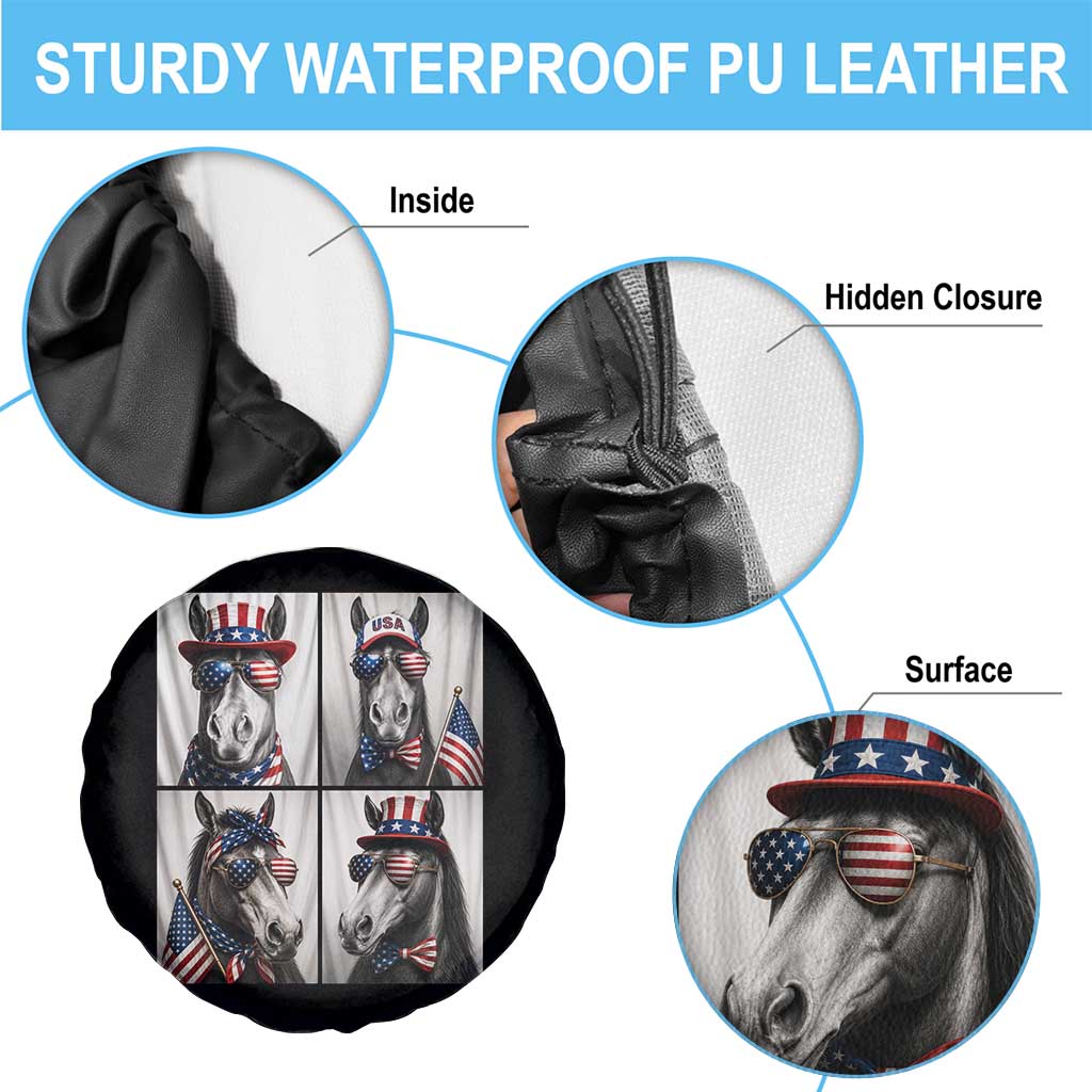 Patriotic Horse Selfie Squad Spare Tire Cover USA Flag Red White And Blue Graphic