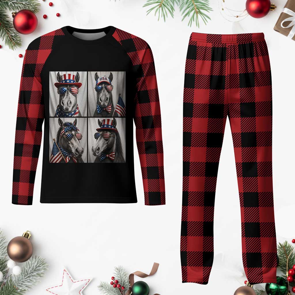Patriotic Horse Selfie Squad Plaid Pajama Set USA Flag Red White And Blue Graphic