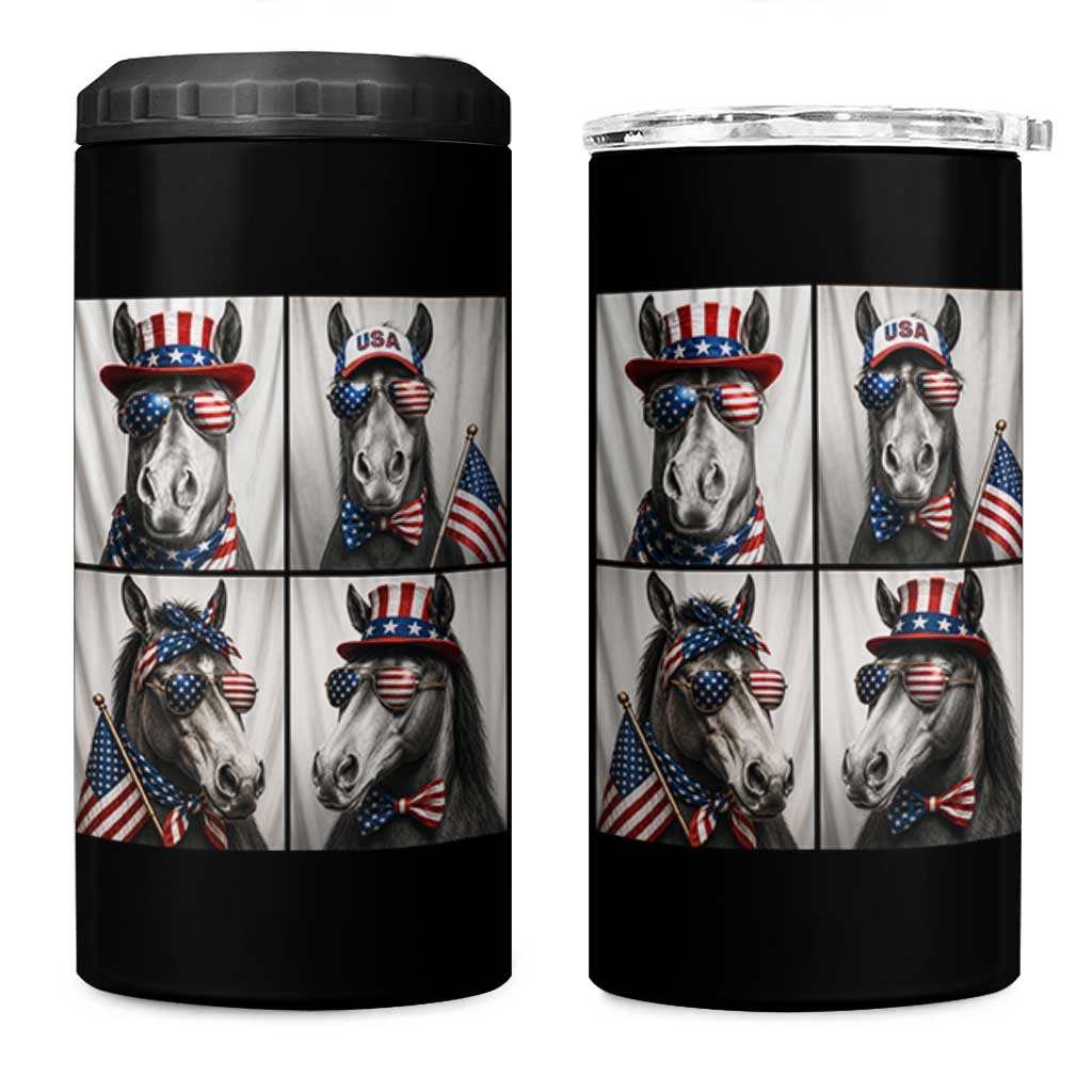 Patriotic Horse Selfie Squad 4 in 1 Can Cooler Tumbler USA Flag Red White And Blue Graphic