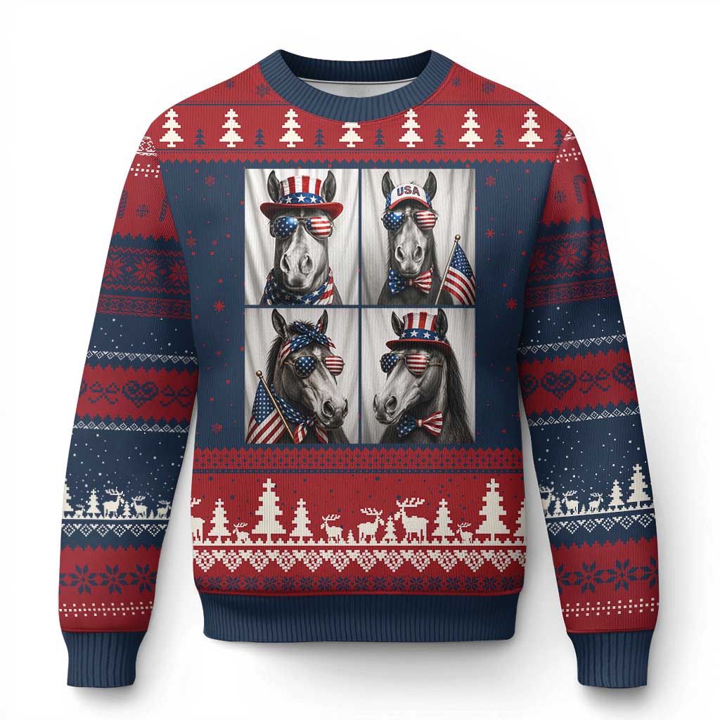 Patriotic Horse Selfie Squad Ugly Christmas Sweater USA Flag Red White And Blue Graphic