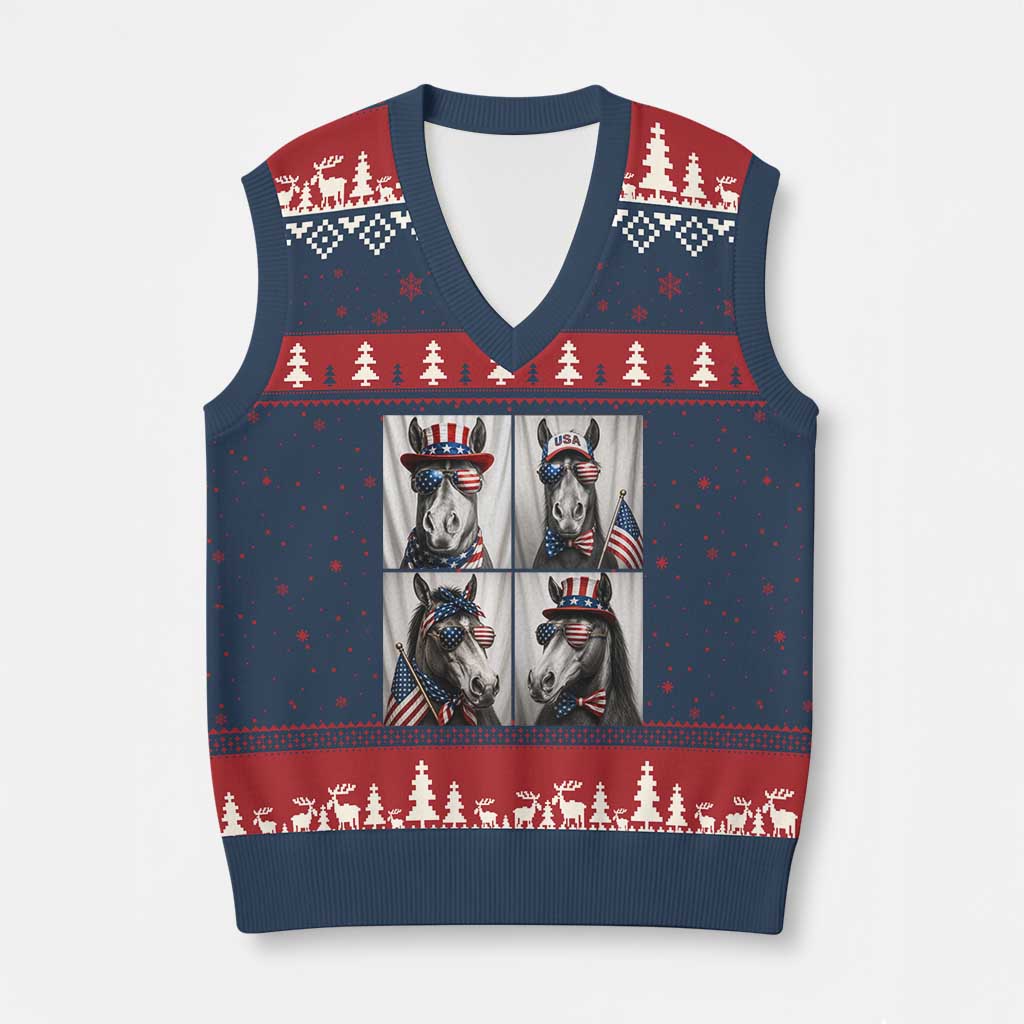 Patriotic Horse Selfie Squad V-Neck Knit Sweater Vest USA Flag Red White And Blue Graphic