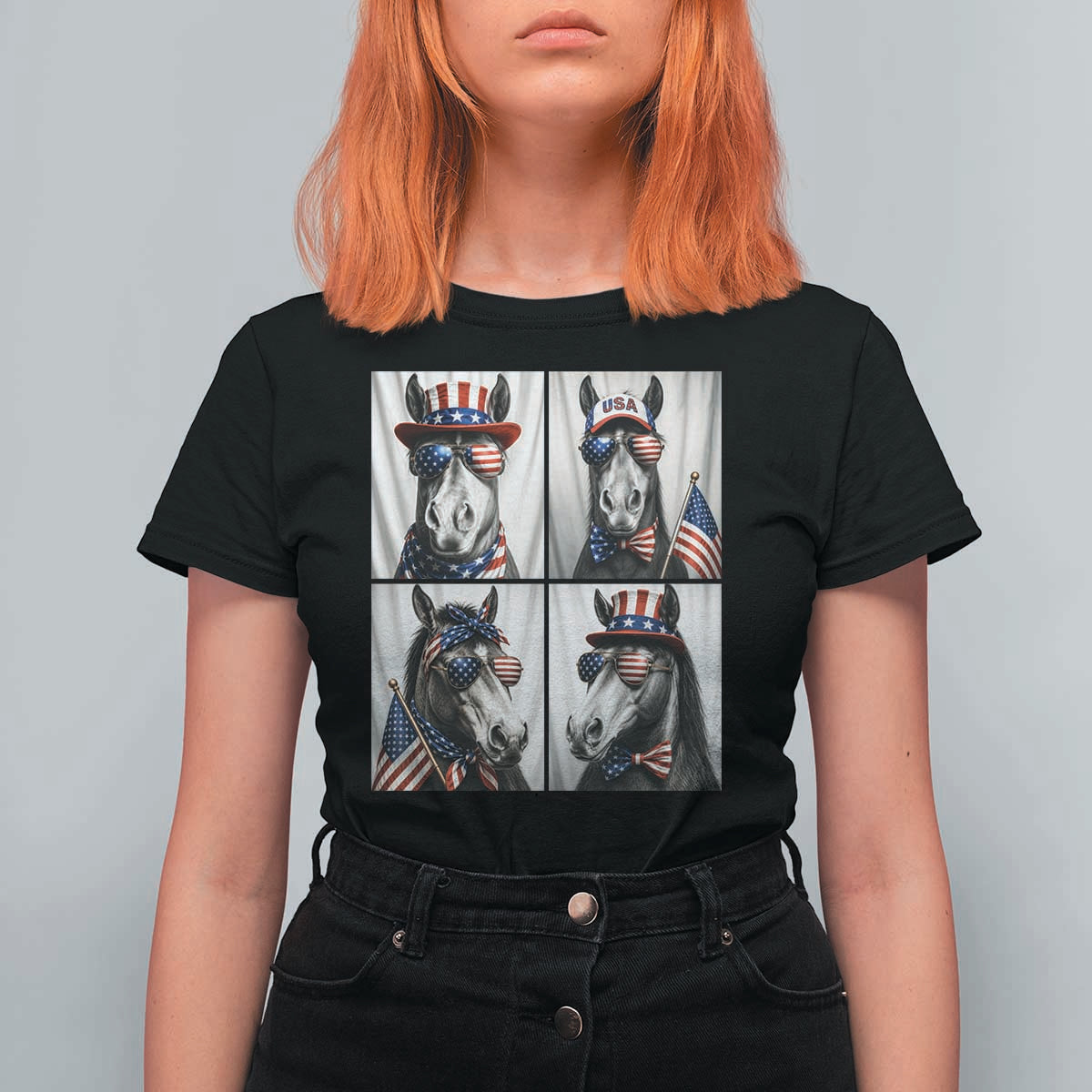 Patriotic Horse Selfie Squad T Shirt For Women USA Flag Red White And Blue Graphic