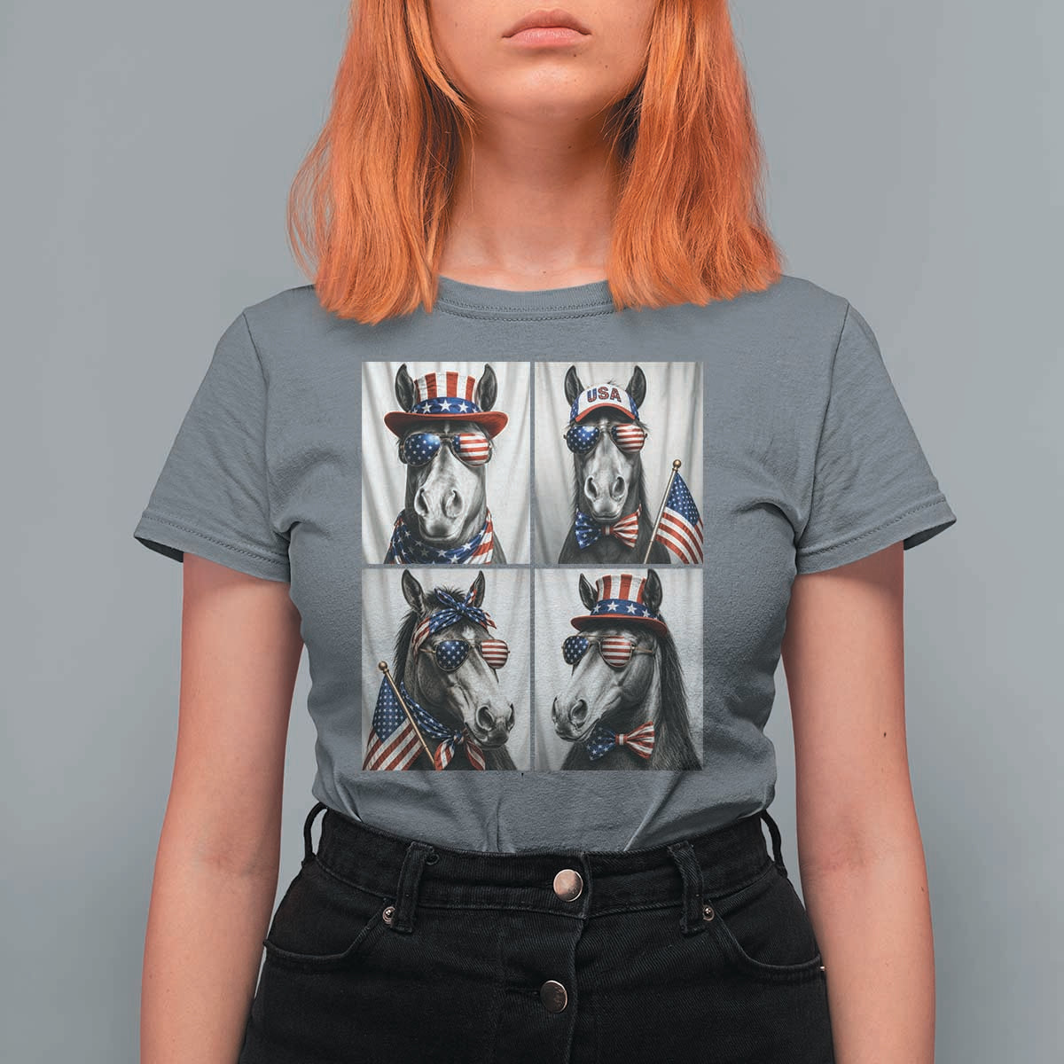 Patriotic Horse Selfie Squad T Shirt For Women USA Flag Red White And Blue Graphic