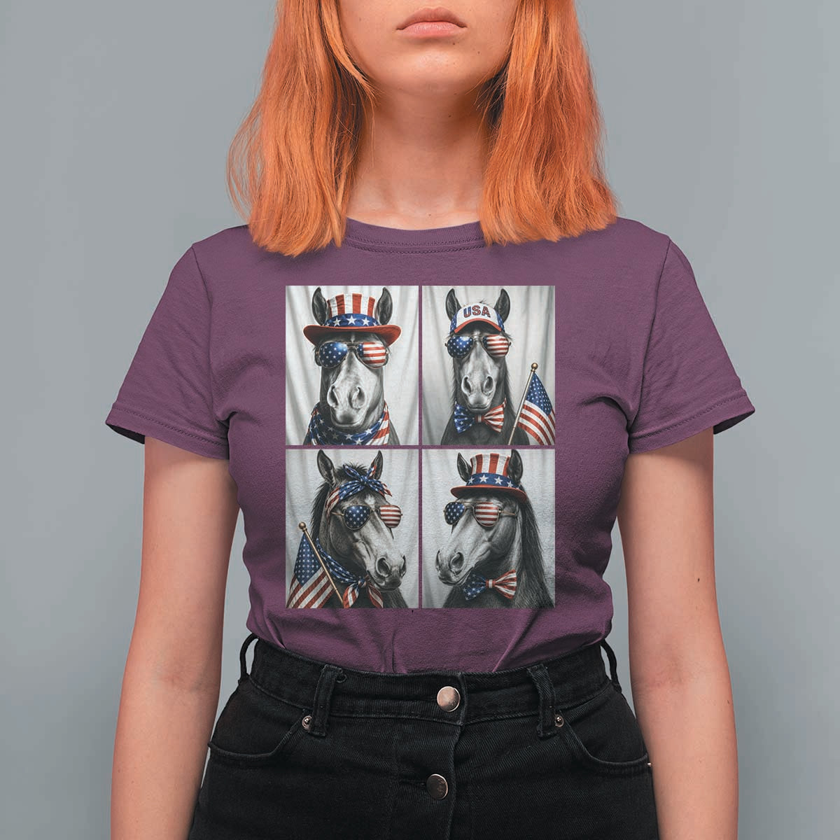 Patriotic Horse Selfie Squad T Shirt For Women USA Flag Red White And Blue Graphic