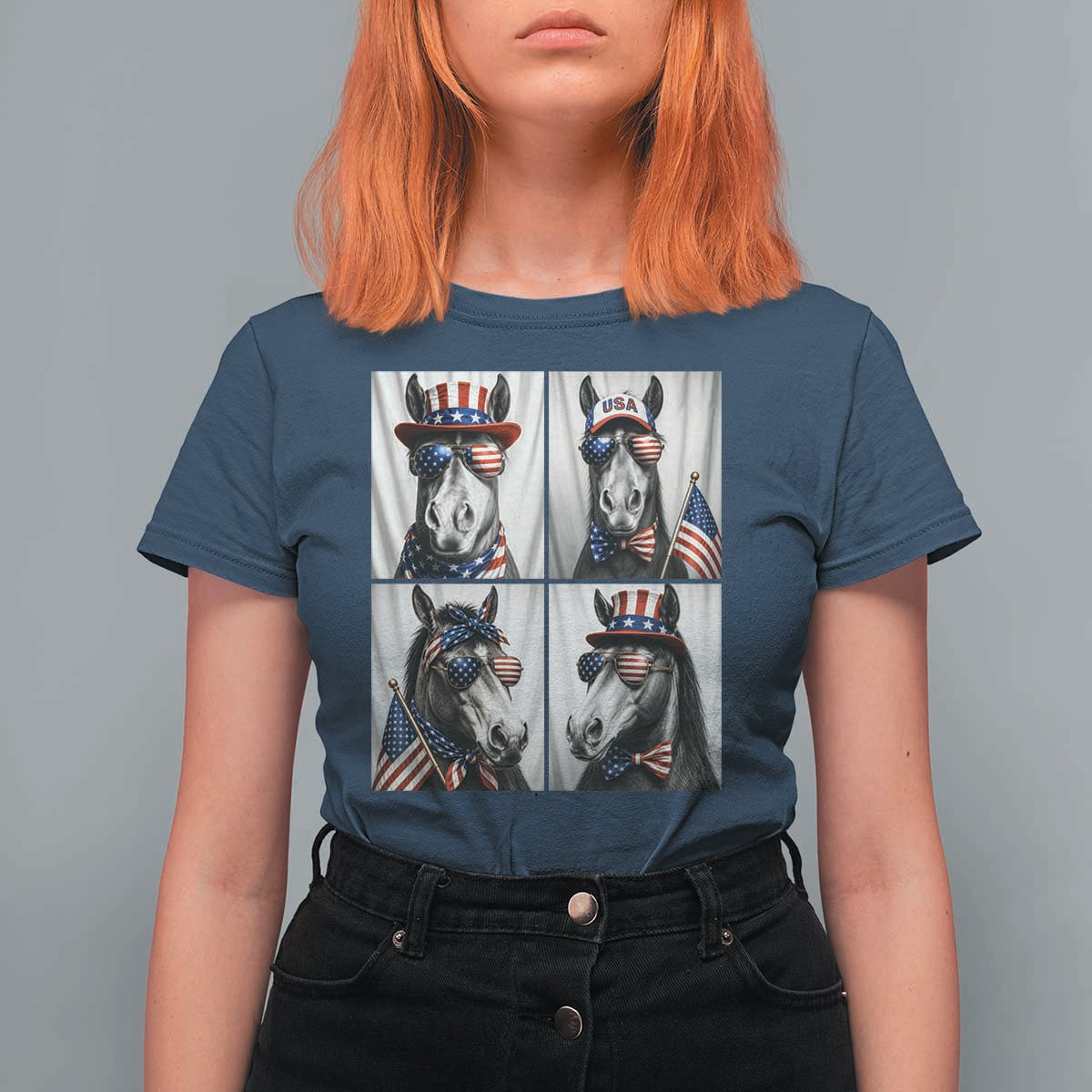 Patriotic Horse Selfie Squad T Shirt For Women USA Flag Red White And Blue Graphic