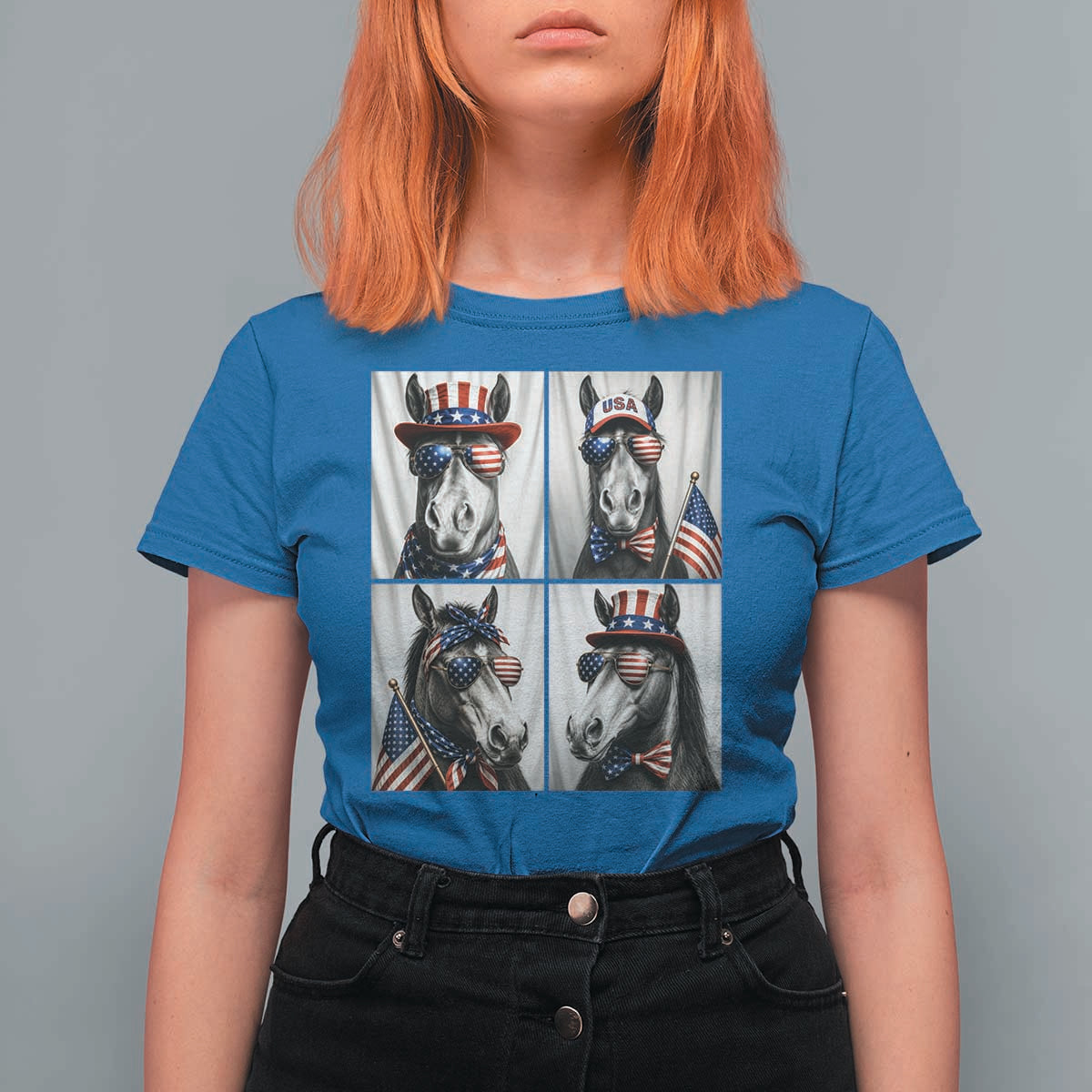 Patriotic Horse Selfie Squad T Shirt For Women USA Flag Red White And Blue Graphic