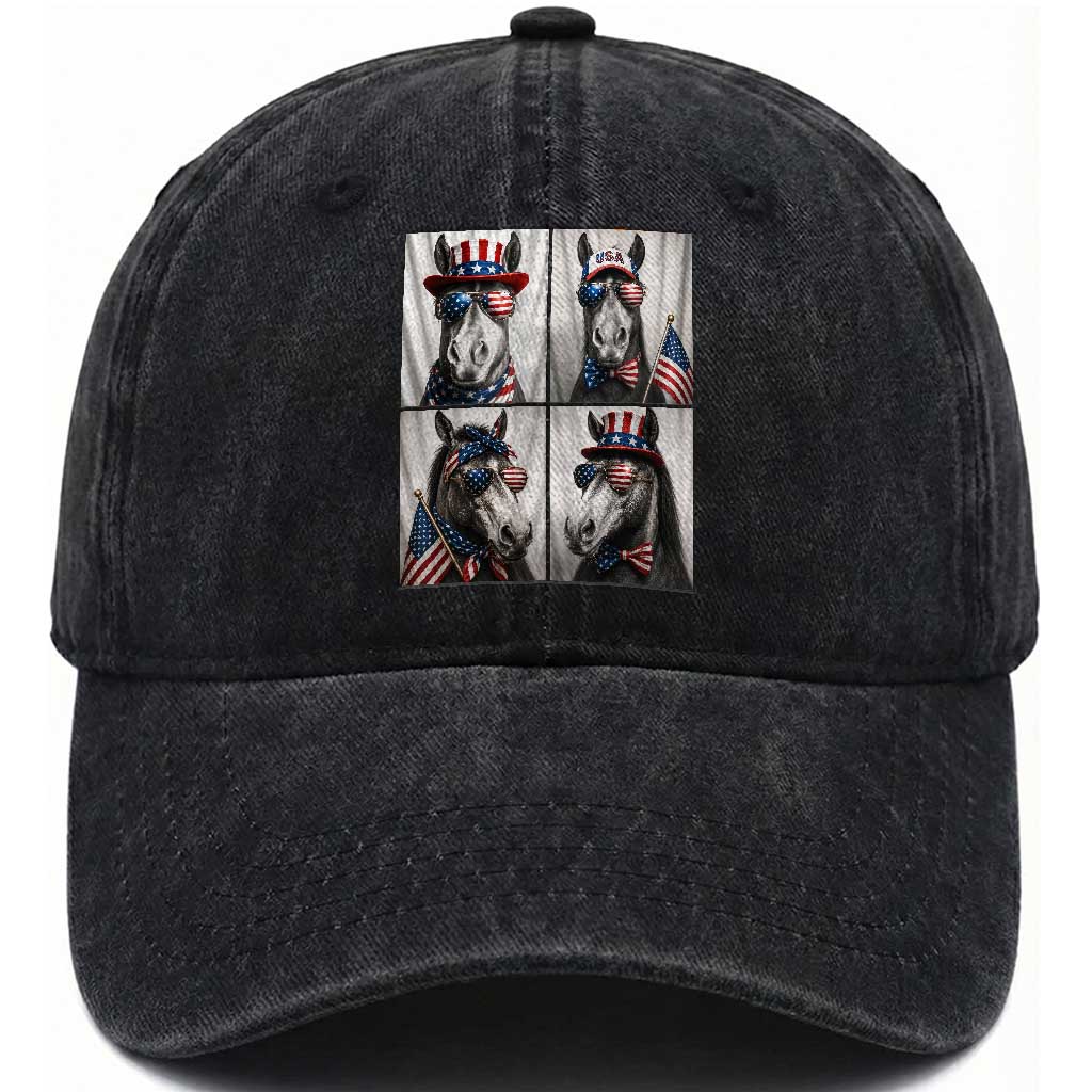 Patriotic Horse Selfie Squad Washed Cotton Baseball Cap USA Flag Red White And Blue Graphic