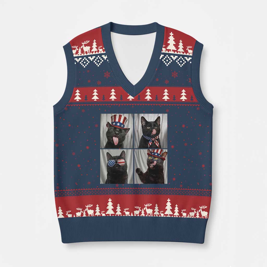 Funny Patriotic Black British Shorthair Cat Selfie V-Neck Knit Sweater Vest