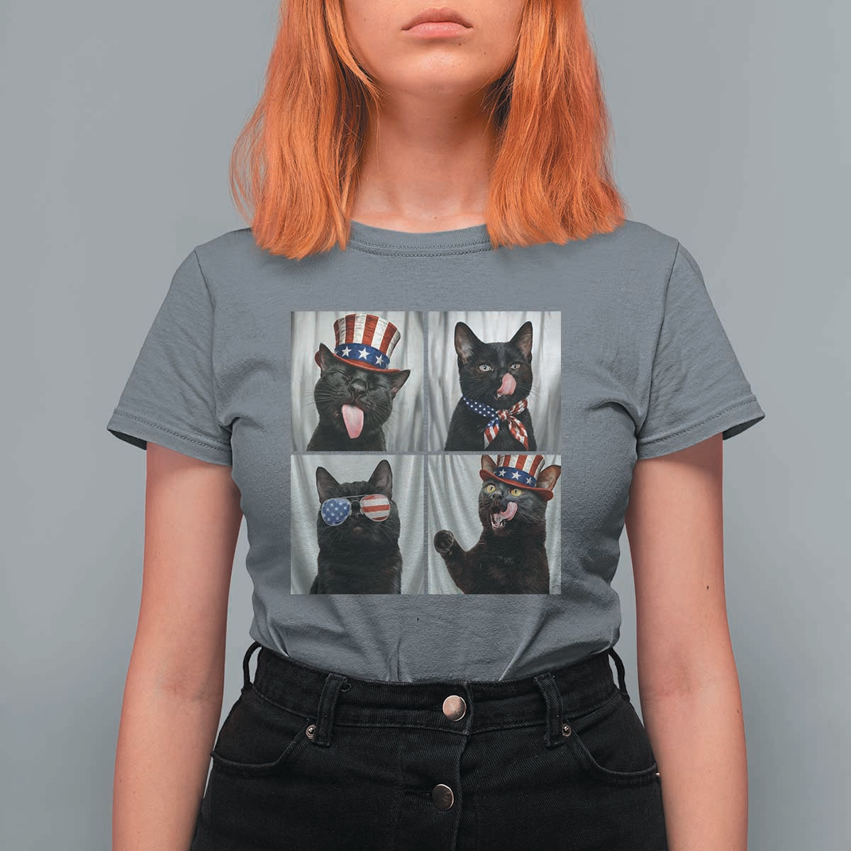Funny Patriotic Black British Shorthair Cat Selfie T Shirt For Women