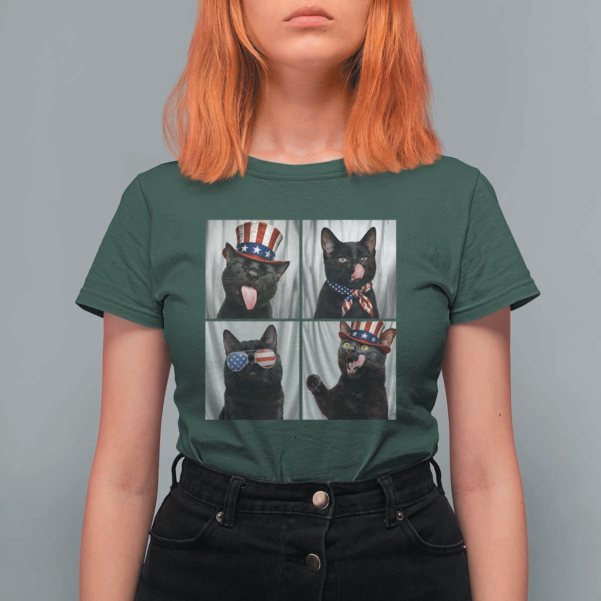 Funny Patriotic Black British Shorthair Cat Selfie T Shirt For Women
