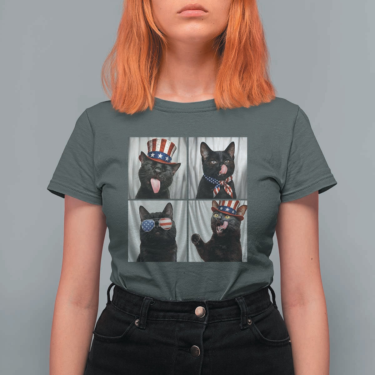 Funny Patriotic Black British Shorthair Cat Selfie T Shirt For Women