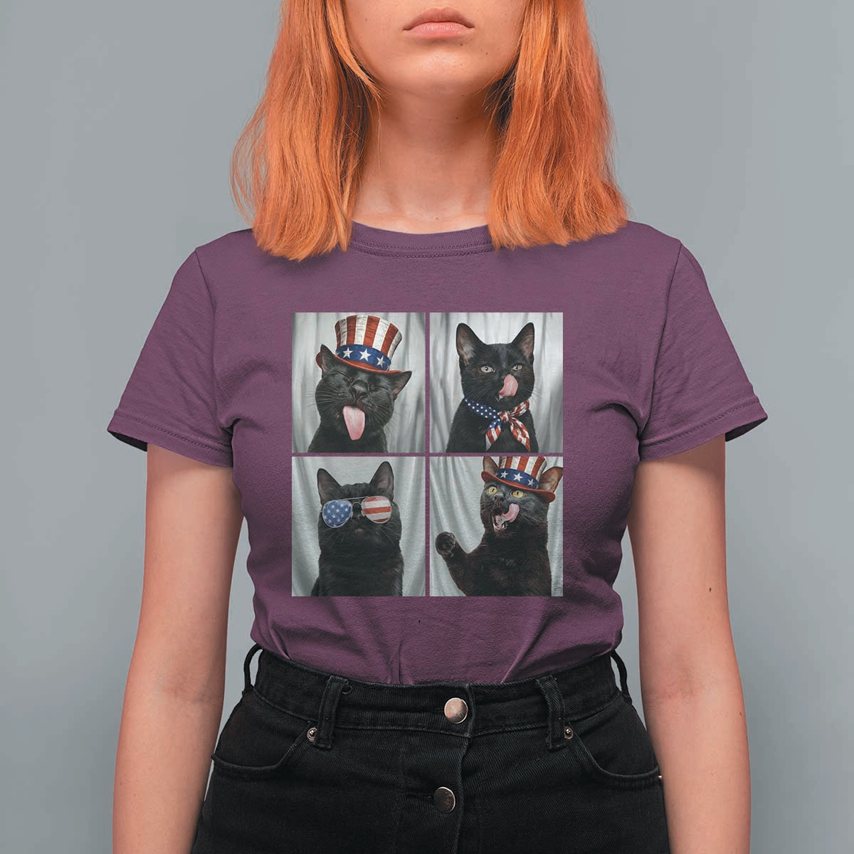 Funny Patriotic Black British Shorthair Cat Selfie T Shirt For Women