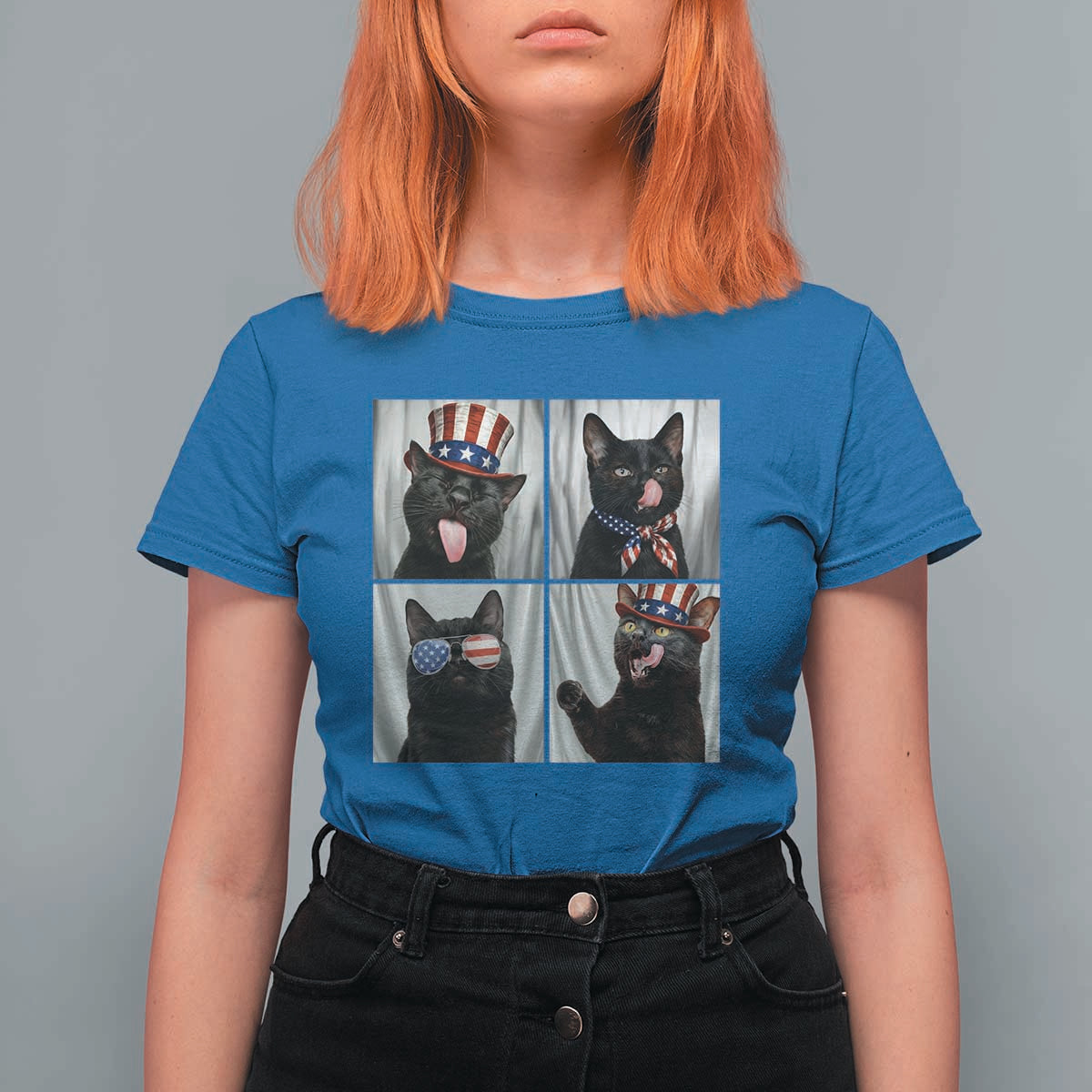 Funny Patriotic Black British Shorthair Cat Selfie T Shirt For Women