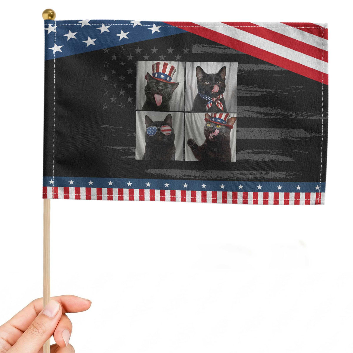 Funny Patriotic Black British Shorthair Cat Selfie Patriotic Handheld Flag