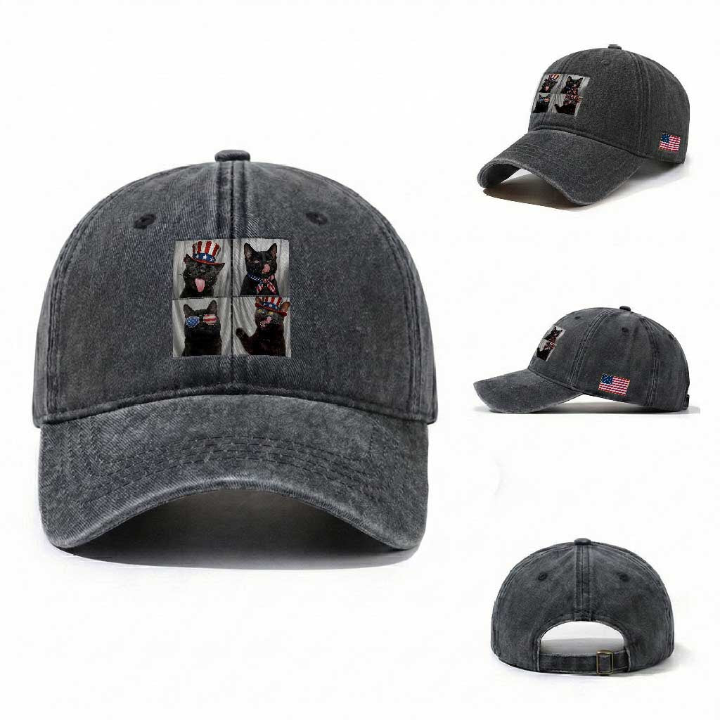 Funny Patriotic Black British Shorthair Cat Selfie Washed Cotton Baseball Cap